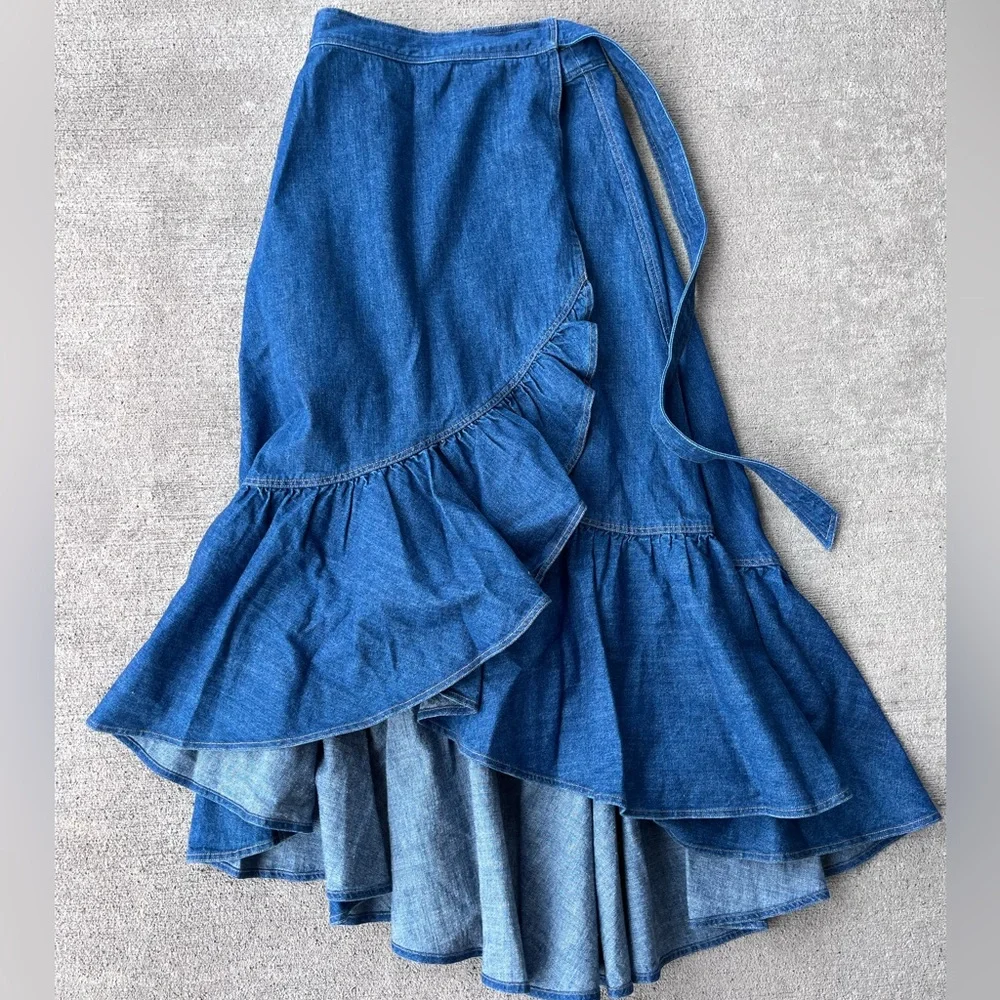 Polo Ralph Lauren ruffled cotton chambray denim wrap skirt NWT adjustable size - Picture 8 of 10